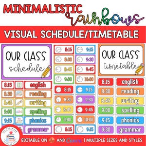 May include: A visual schedule and timetable set featuring colorful rectangular cards with analog clock icons, times, and subject labels like English, reading, writing, spelling, phonics, and grammar. The text includes MINIMALISTIC rainbows VISUAL SCHEDULE/TIMETABLE.