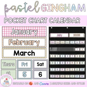 May include: A pastel gingham pocket chart calendar set featuring month labels for January, February, and March, day labels, and number cards. The set includes a black hanging pocket chart with clear slots displaying July 2026 and dates 1 through 30.