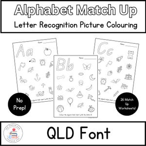 Fuente QLD / Reconocimiento de letras del alfabeto / Identificación de letras iniciales / Imagen - Emparejamiento de letras para colorear / Aprendizaje temprano en jardín de infantes