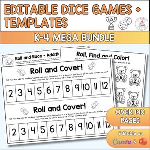 Könnte beinhalten: Ein Bundle mit editierbaren Würfelspielvorlagen für Schüler der Klassen K-4. Das Bild zeigt ausdruckbare Arbeitsblätter mit Spielen wie "Roll and Cover" und "Roll, Find and Color". Das Bundle umfasst über 190 Seiten und ist auf Canva editierbar.