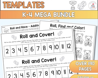 195 Page Editable Dice Math Centers MEGA Bundle | K-4 Number Recognition, Addition, Subtraction, Multiplcation, Division Worksheets & Games