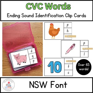 Fuente NSW / Tarjetas editables con recortes de palabras comunes y CVC / Identificación de sonidos finales / Reconocimiento de sonidos de letras / Fonética temprana y conciencia fonémica