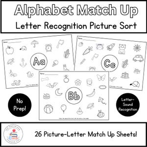 Emparejamiento del alfabeto / Reconocimiento de letras para el aprendizaje temprano / Hojas de trabajo de identificación de letras e imágenes