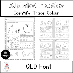Hojas de práctica del alfabeto de fuentes de QLD / Reconocimiento de letras / Identificar, trazar, colorear / Conciencia fonológica y fonémica / Fonética temprana