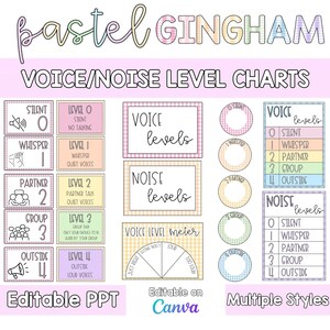 May include: Pastel Gingham voice and noise level charts. Includes charts for silent, whisper, partner, group, and outside voices. Editable PPT and Canva options are available. Multiple styles are shown.
