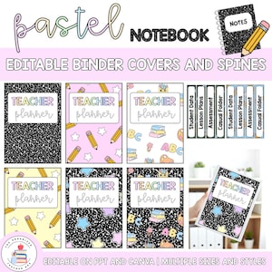May include: A collection of pastel-colored teacher planner binder covers and spines. Designs include pencils, stars, books, and ABCs. The text reads "Pastel Notebook" and "Editable Binder Covers and Spines."