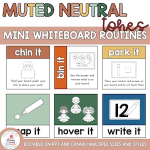 May include: A set of educational posters titled MUTED NEUTRAL TONES MINI WHITEBOARD ROUTINES. The graphic features six instructional squares with text and line art illustrations demonstrating classroom whiteboard tasks like chin it, bin it, and park it.