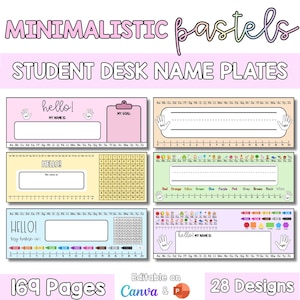 Puede incluir: Una colección de placas de identificación de escritorio para estudiantes en colores pastel. El diseño incluye el texto "MINIMALISTIC pastels STUDENT DESK NAME PLATES". Cada placa presenta espacio para un nombre, con algunas que incluyen una sección de objetivos o una tabla de números. La imagen también indica "169 páginas" y "28 diseños".