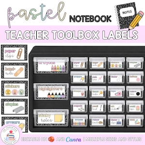 May include: A black plastic storage organiser with multiple clear drawers, each featuring labels with black and white speckled borders and text for items like crayons, highlighters, sticky notes, paper clips, and various office supplies.