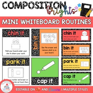 Può includere: Un poster educativo digitale intitolato Composition Brights Mini Whiteboard Routines. Presenta sei schede didattiche con bordi maculati in bianco e nero, che illustrano compiti in classe come chin it, bin it, park it e cap it.