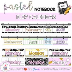 Könnte beinhalten: Ein pastellfarbenes Notizbuch-Flip-Kalender-Set mit verschiedenen rechteckigen Karten für Tage, Monate, Daten und Jahre. Die Designs zeigen schwarz-weiße Kompositionsmuster, Gitterlinien und Bleistiftillustrationen. Text: "pastel NOTEBOOK FLIP CALENDAR".