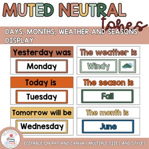 Op de afbeelding: Een klaslokaal display met de tekst "MUTED NEUTRAL TONES" en "DAYS, MONTHS, WEATHER AND SEASONS DISPLAY". Het toont de dagen van de week, het weer, het seizoen en de maand. De display bevat de dagen maandag, dinsdag en woensdag.