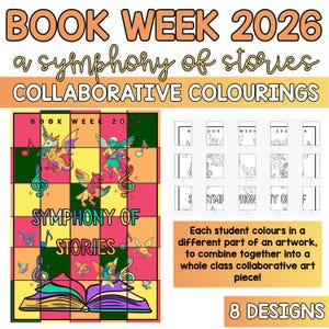 May include: A collaborative colouring project for Book Week 2026. The design features a grid with musical notes, dragons, and angels. The text reads "Symphony of Stories" and "8 Designs".