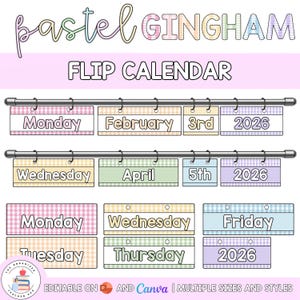 Könnte beinhalten: Ein pastellfarbenes Gingham-Flip-Kalender-Set mit zwei horizontalen Metallstangen und hängenden rechteckigen Karten, die Tage, Monate, Daten und Jahre anzeigen. Der Text lautet pastel GINGHAM FLIP CALENDAR, Monday, February, 3rd, 2026, Wednesday, April, 5th, 2026, Tuesday, Thursday, Friday und 2026.