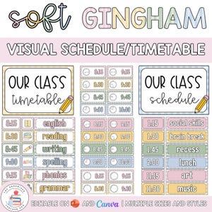 May include: A soft gingham visual schedule and timetable set featuring pastel-colored headers, clock icons, and subject labels like English, reading, and math. The design includes text reading 'soft GINGHAM', 'VISUAL SCHEDULE/TIMETABLE', and 'OUR CLASS'.