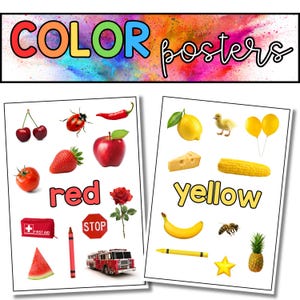 Puede incluir: Pósteres educativos de colores con las palabras "COLOR posters" en la parte superior. El póster "rojo" presenta una variedad de objetos rojos, y el póster "amarillo" presenta objetos amarillos. Los pósteres están diseñados para fines educativos.