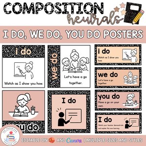 May include: A set of educational posters titled COMPOSITION neutrals I DO, WE DO, YOU DO POSTERS. The posters feature black and white speckled borders, soft pink backgrounds, and line art illustrations of teachers and students with text.