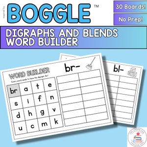 May include: A Boggle word game for digraphs and blends. The game includes word builder sheets with letter grids and spaces for writing words. The top of the image has the words "BOGGLE" and "DIGRAPHS AND BLENDS WORD BUILDER".