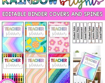 Editable Binder Labels and Spine Labels | Rainbow Brights Themed Decor | Classroom Organisation | Folder Covers