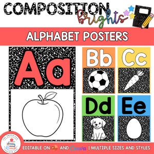 May include: A set of alphabet posters titled COMPOSITION brights ALPHABET POSTERS. The posters feature letters A through E with corresponding illustrations including an apple, soccer ball, carrot, puppy, and egg on a black and white speckled background.
