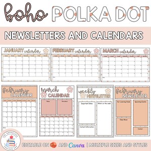 Puede incluir: Una colección de plantillas imprimibles con el texto boho POLKA DOT NEWSLETTERS AND CALENDARS. El conjunto incluye calendarios mensuales para enero, febrero y marzo, junto con diseños de boletines semanales en una paleta de colores melocotón y blanco.