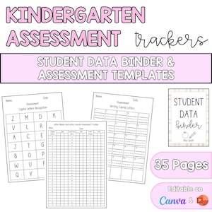 Puede incluir: Un conjunto de plantillas de seguimiento de evaluación de jardín de infancia y de carpeta de datos de estudiantes. El diseño en rosa y blanco incluye páginas para el reconocimiento de letras mayúsculas, sonidos de letras y escritura de letras mayúsculas. La imagen también incluye el texto "35 páginas" y "Editable en Canva & P".