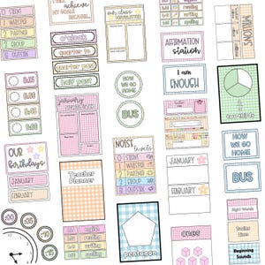 May include: A collection of educational classroom posters and labels featuring pastel gingham patterns. Items include a noise level chart, clock time indicators, a newsletter template, math fraction cards, a pentagon shape, and calendar headers.