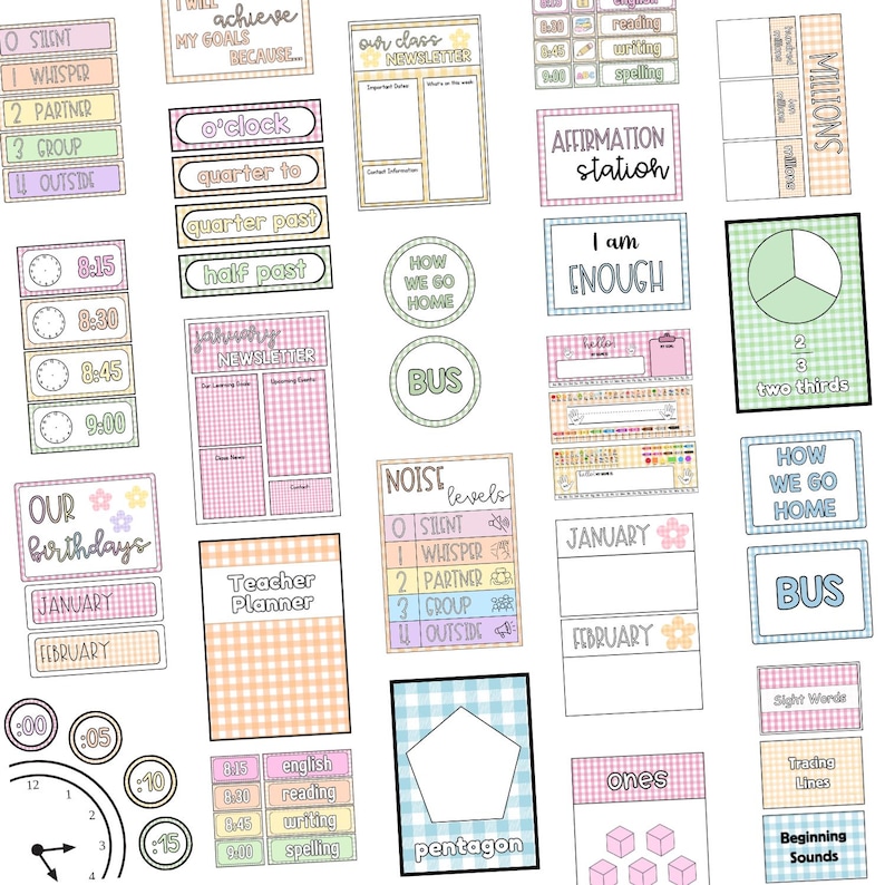 May include: A collection of educational classroom posters and labels featuring pastel gingham patterns. Items include a noise level chart, clock time indicators, a newsletter template, math fraction cards, a pentagon shape, and calendar headers.