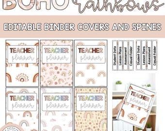 Editable Binder Labels and Spine Labels | Boho Rainbows Themed Decor | Classroom Organisation | Folder Covers