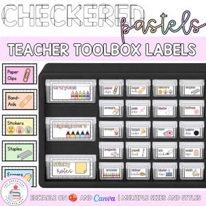 Puede incluir: Una caja de herramientas negra de plástico para profesores con múltiples cajones transparentes, cada uno con una etiqueta blanca con bordes de cuadros pastel y texto que incluye crayones, resaltadores, notas adhesivas, clips, tiritas, pegatinas, grapas, gomas, chinchetas, carpetas, botones, sellos, chinchetas, cinta, velcro, imanes, minas, memorias usb, cinta washi, gomas elásticas, clips de carpeta y tiza.