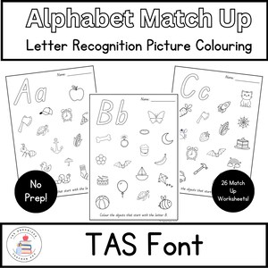 Fuente TAS / Reconocimiento de letras del alfabeto / Identificación de letras iniciales / Imagen - Emparejamiento de letras para colorear / Aprendizaje temprano en jardín de infantes