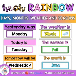 May include: A colorful educational chart with the word "RAINBOW" at the top. The chart displays days of the week, weather conditions, seasons, and months. The text includes "Yesterday was Monday", "Today is Tuesday", and "Tomorrow will be Wednesday".