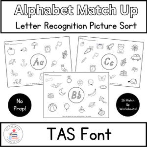TAS Fuente / Emparejamiento del alfabeto / Reconocimiento de letras para el aprendizaje temprano / Hojas de trabajo de identificación de letras e imágenes