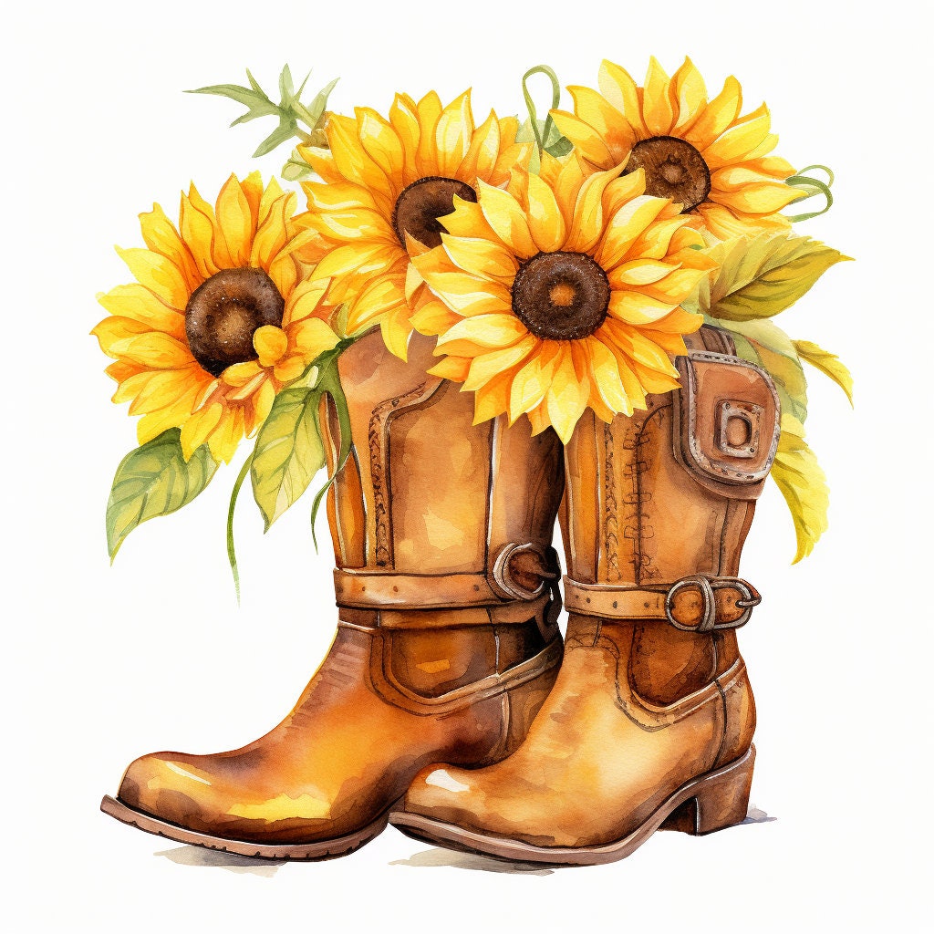 Watercolor Cowgirl Boots & Sunflower PNG Commercial Use Clip Art ...