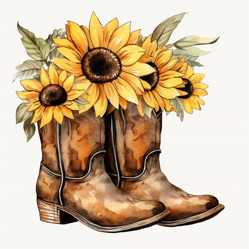 Watercolor Cowgirl Boots & Sunflower PNG Commercial Use Clip Art ...