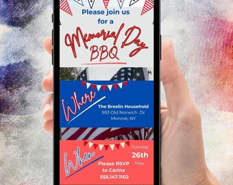 Invitación digital para barbacoa del Día de los Caídos: Fiesta patriótica de Evite (plantilla de Canva)
