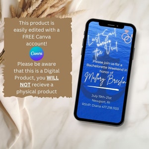 Puede incluir: Una invitaci&oacute;n digital para una despedida de soltera con tem&aacute;tica n&aacute;utica. La invitaci&oacute;n es azul con texto blanco y un ancla blanca. El texto dice "&Uacute;ltima Vela Antes del Velo" y "Por favor, &uacute;nase a nosotros para un fin de semana de despedida de soltera en honor a Mallory Breslin". La fecha y la ubicaci&oacute;n tambi&eacute;n est&aacute;n incluidas: "19-21 de julio Newport, RI".