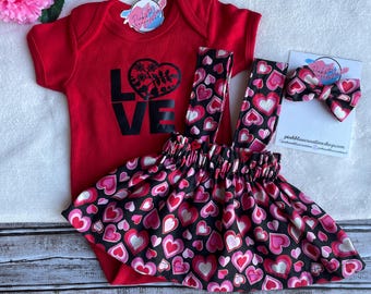 Valentines Day Baby Girl Newborn Outfit/Love Heart Valentines Day Red Onesie /Hearts All Over Suspender Skirt/ First Valentine Day NB Girl