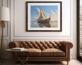 Serene Sailboat Digital Art Print | Nautical Coastal Wall Art | Instant Download for Home Decor | High-Resolution Maritime Scene