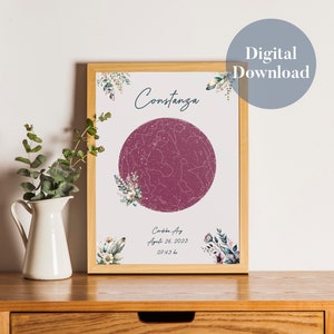Personalisierte Sternenkarte, digital herunterladbar, Original-Geschenk, Geburtstag, Taufe, Babyparty, Kinder, Himmel, Sterne, Blumen