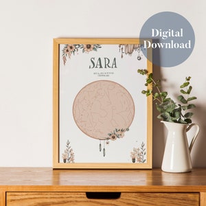 Personalisierte Sternenkarte, digital herunterladbar, druckbares Originalgeschenk, Geburtstag, Taufe, Babyparty, Kinder, Himmel, Sterne, Boho-Blumen