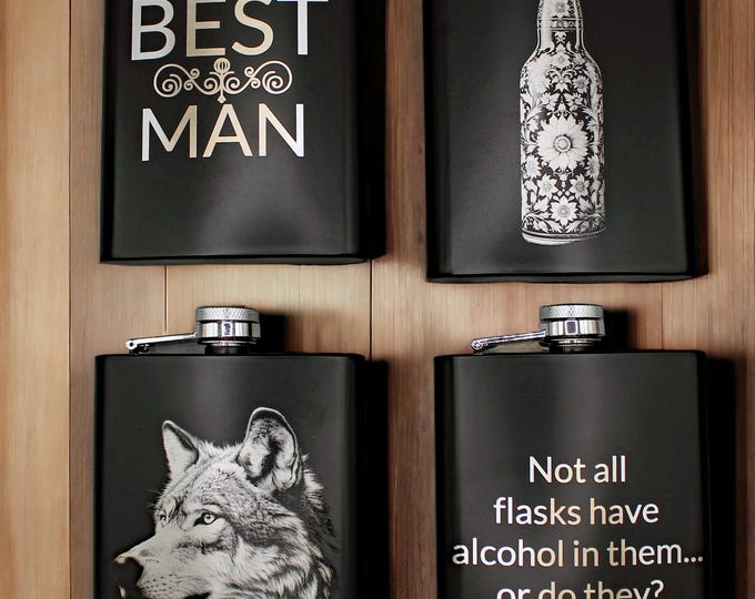 Personalized 8oz Black Hip Flask | Custom Engraved Wedding Gift | Laser Etched Photo or Funny Quote | Wedding Party Barware