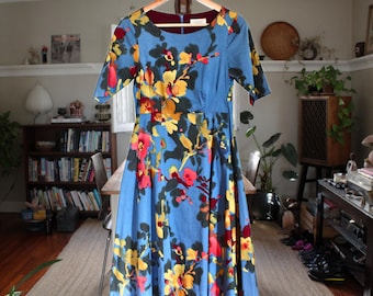 TOAST Blue Multi-Coloured Floral Cotton Fit & Flare Dress, 0