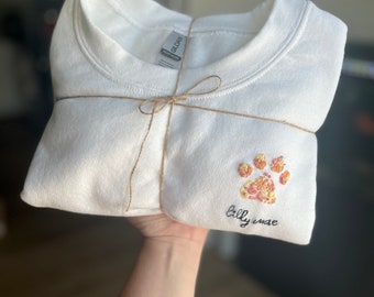 Hand embroidered floral paw print crewneck