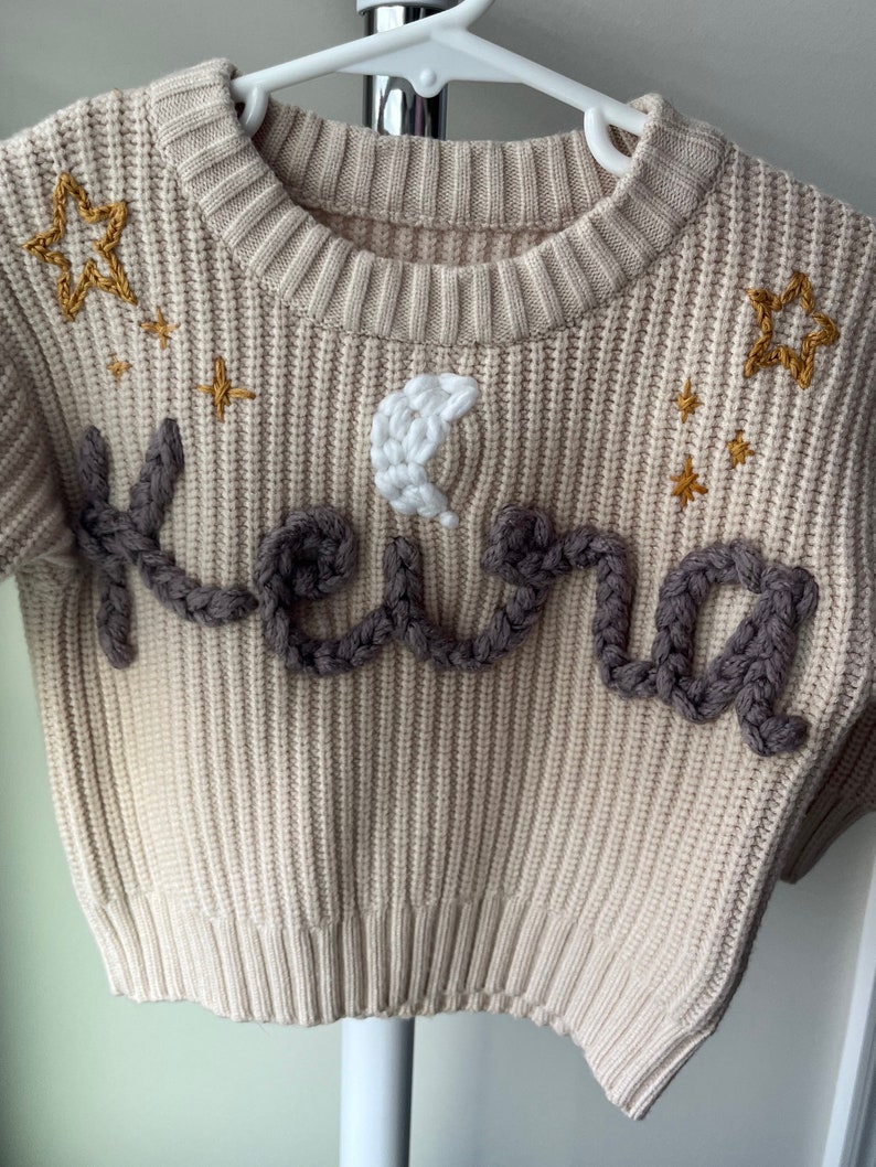 Hand embroidered knit sweater, personalized name sweater, custom hand embroidered knit sweater, chunky knit name sweater, baby name sweater image 7