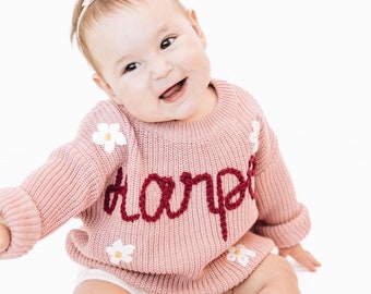 Hand embroidered knit sweater, personalized name sweater, custom hand embroidered knit sweater, chunky knit name sweater, baby name sweater