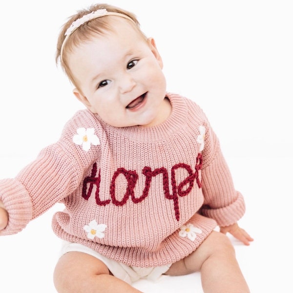 Hand embroidered knit sweater, personalized name sweater, custom hand embroidered knit sweater, chunky knit name sweater, baby name sweater
