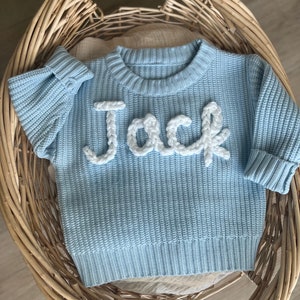 Hand embroidered knit sweater, personalized name sweater, custom hand embroidered knit sweater, chunky knit name sweater, baby name sweater image 2