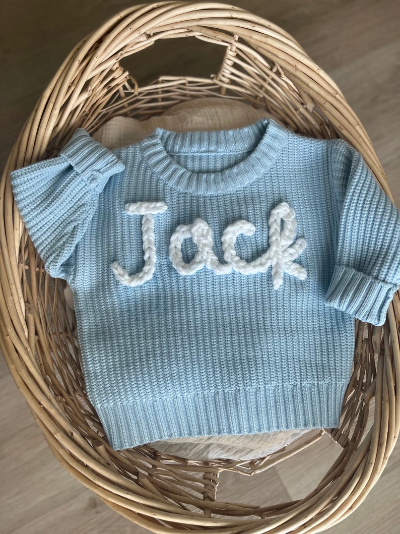 Hand embroidered knit sweater, personalized name sweater, custom hand embroidered knit sweater, chunky knit name sweater, baby name sweater image 2