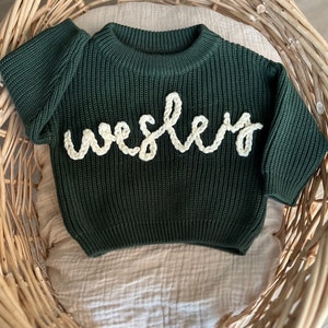 Hand embroidered knit sweater, personalized name sweater, custom hand embroidered knit sweater, chunky knit name sweater, baby name sweater image 5